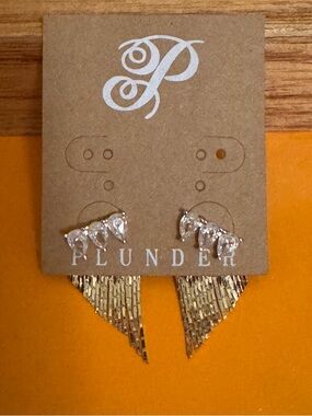 Plunder Gold Teardrop Fringe Earrings Double-Row with 3 Crystal Stones New